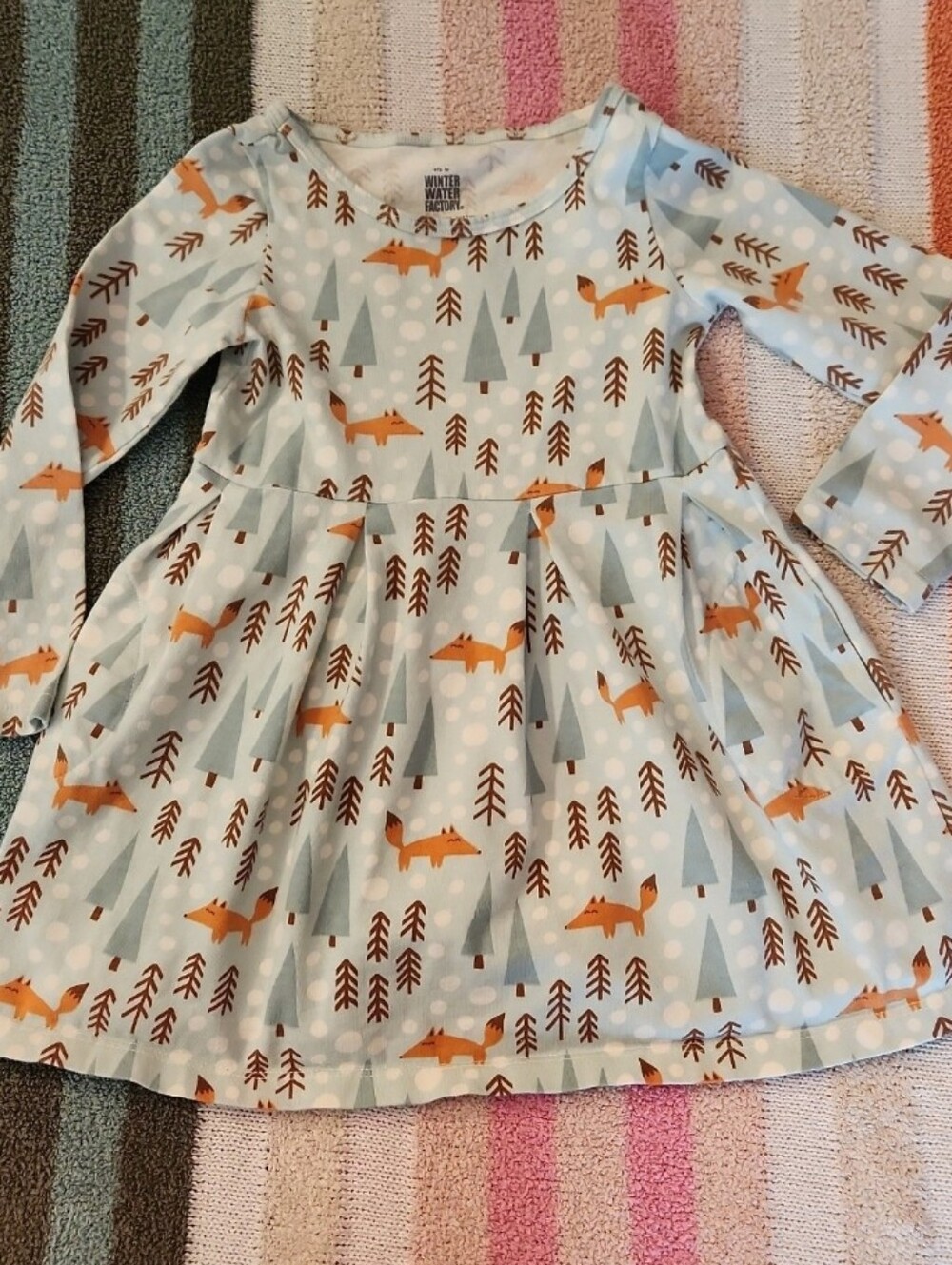 Winter Water Factory 3t Organic Cotton Blue Fox Print Long Sleeve Dress Winter